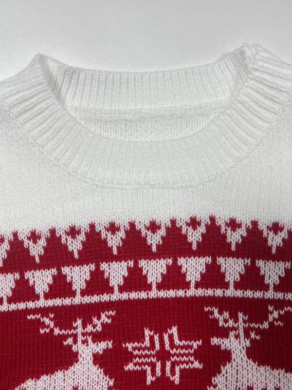 Women's Christmas Themed Jacquard Drop Shoulder Sweater, Casual Long Sleeve Round Neck Jumper Fall Sweaters for Fall & Winter, Ladies' Knitwear for Daily Wear, Fall Clothes 2024